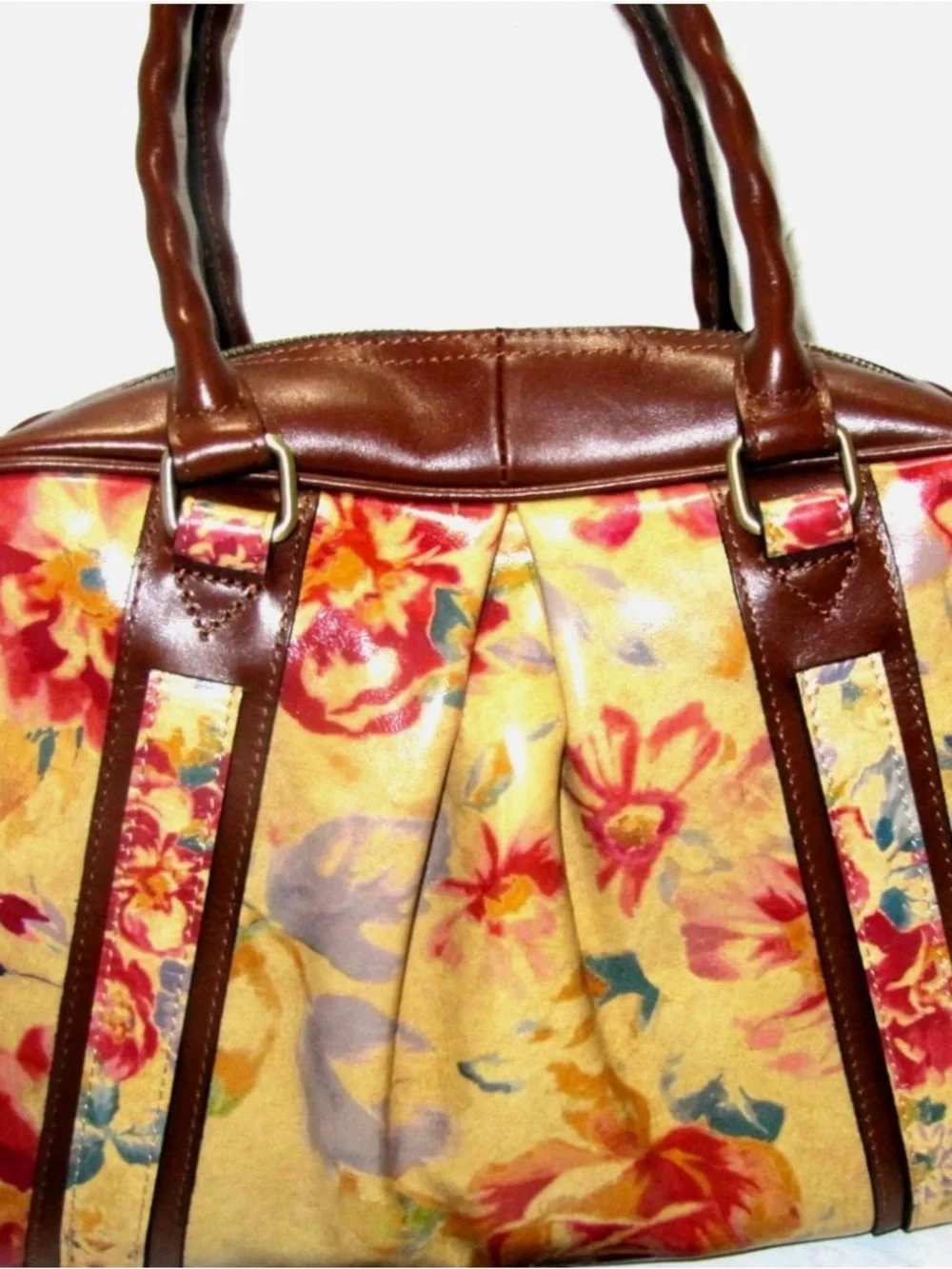 Patricia Nash Yellow Floral Canvas Satchel with Brown Trim - Picture 2 of 4